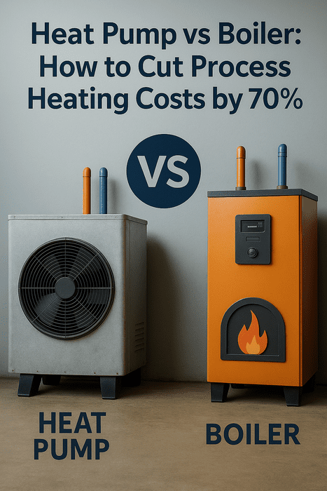 Heat pump vs boiler efficiency comparison showing 70% cost savings for industrial heating